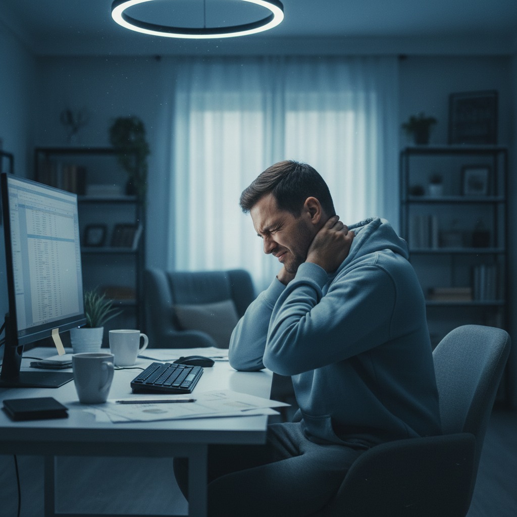 A man sits at a desk in a dimly lit room, holding his neck in pain while working at a computer.